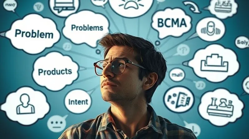 A photorealistic image of a person brainstorming, surrounded by thought bubbles containing problems and solutions, not just products. Cinematic lighting, sharp focus, depth of field, 8K hyper-detailed, shot on a high-end DSLR.
