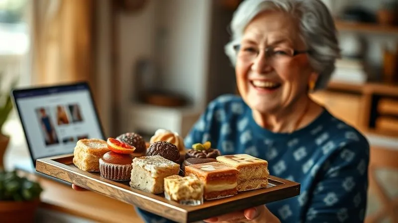 A photorealistic image of a joyful grandmother holding a beautifully arranged tray of artisanal sweets, with a modern laptop showing an online store interface in the blurred background. The scene is warm and inviting, with cinematic lighting, sharp focus on the sweets and grandmother, depth of field, 8K hyper-detailed, shot on a high-end DSLR.