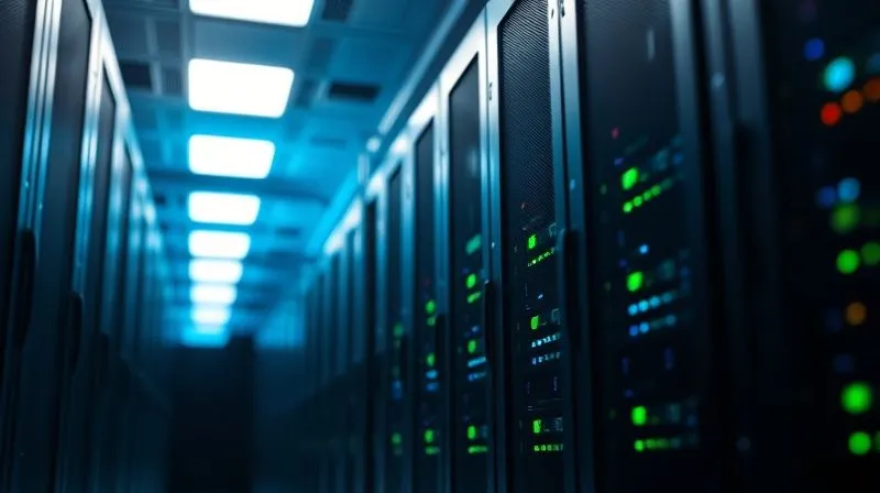 A photorealistic image of sleek, modern server racks in a data center, with soft blue and green lights indicating active security protocols and high performance. Cinematic lighting, sharp focus on the front of the racks, depth of field blurring the background. 8K hyper-detailed, professional photography, shot on a high-end DSLR.