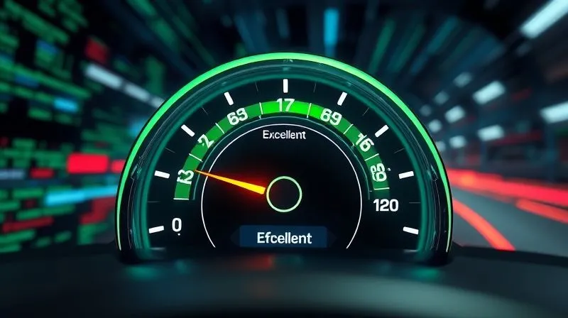A photorealistic image of a futuristic digital speedometer for website performance, with the needle firmly in the green 'Excellent' zone. Blurry lines of data and code stream in the background, conveying speed and efficiency. Cinematic lighting, sharp focus on the speedometer, depth of field. 8K hyper-detailed, professional photography, shot on a high-end DSLR.