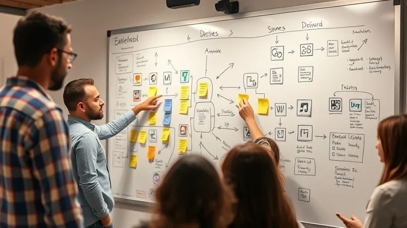 A photorealistic detailed whiteboard covered with sticky notes and flowcharts, illustrating a complex design workflow with arrows pointing between different software icons. A diverse team is gathered around, actively discussing and pointing at specific points on the board. Cinematic lighting, sharp focus on the whiteboard, depth of field blurring the background, 8K hyper-detailed, professional photography, shot on a high-end DSLR.