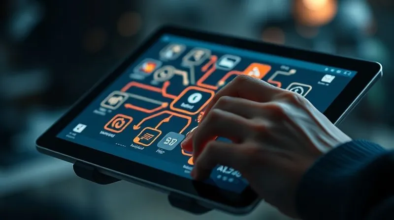 A photorealistic close-up of a designer's hands interacting with a sleek, minimalist interface on a tablet, displaying complex automation flows with glowing lines connecting different software icons. The background shows a blur of creative digital elements. Cinematic lighting, sharp focus on the tablet and hands, depth of field blurring the background, 8K hyper-detailed, professional photography, shot on a high-end DSLR.