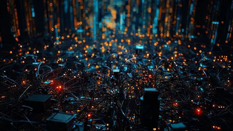 A photorealistic image of a complex network of digital tools, some disconnected and isolated, while others are trying to link up, against a backdrop of glowing data streams. Cinematic lighting, sharp focus on the tools, depth of field. 8K, professional photography, shot on a high-end DSLR.