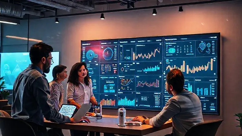 A photorealistic image of a diverse team of marketing professionals collaborating around a large, interactive digital dashboard, displaying unified data streams and clear analytics. The atmosphere is energetic and productive, with cinematic lighting and sharp focus on the dashboard. 8K, professional photography, shot on a high-end DSLR.