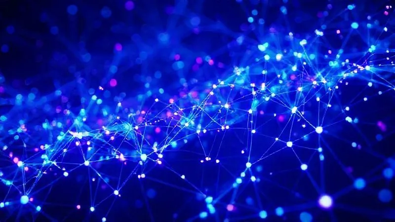 A photorealistic abstract image of artificial intelligence neural networks visualizing data flows, with bright, interconnected nodes forming complex patterns. The aesthetic is futuristic and clean, with cinematic blue and purple lighting, sharp focus, and a sense of infinite possibilities. 8K, professional photography, shot on a high-end DSLR.