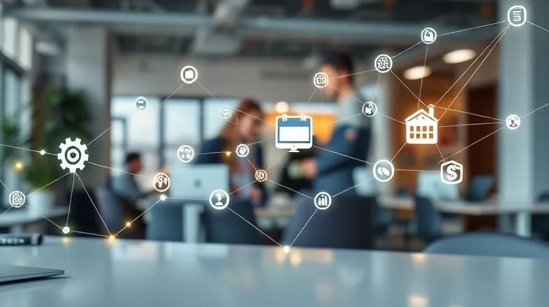 A photorealistic, professional photography, 8K, cinematic lighting, sharp focus, depth of field, shot on a high-end DSLR, of a complex network of glowing digital lines connecting various software icons (like a gear, a chat bubble, a calendar, a dollar sign) on a clean, modern desk. The lines represent data flow and integration, creating a sense of seamless efficiency. The background is a slightly blurred, bustling open-plan startup office, conveying productivity.