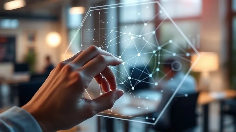 A photorealistic, professional photography, 8K, cinematic lighting, sharp focus, depth of field, shot on a high-end DSLR, of a person's hand adjusting a complex holographic interface showing interconnected data points and graphs, symbolizing optimization and continuous improvement. The background is a blurred, modern office environment, suggesting an ongoing process in a dynamic startup.