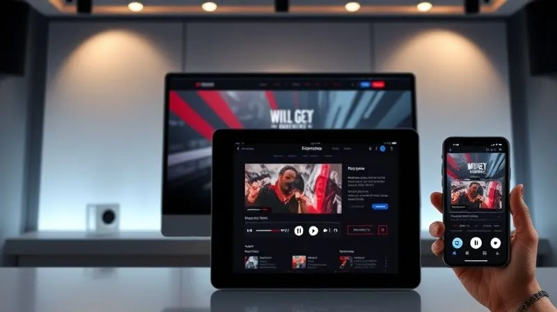 Photorealistic, professional photography, 8K, cinematic lighting, sharp focus, depth of field, shot on a high-end DSLR. A sleek, modern website interface displayed across three devices: a large desktop monitor, a tablet held horizontally, and a smartphone held vertically. All devices show the same radio station website with a beautifully designed, responsive radio player seamlessly adapting to each screen size. The player controls are clearly visible and user-friendly. The background is a clean, minimalist studio setting with soft ambient light, emphasizing technological elegance and user experience.