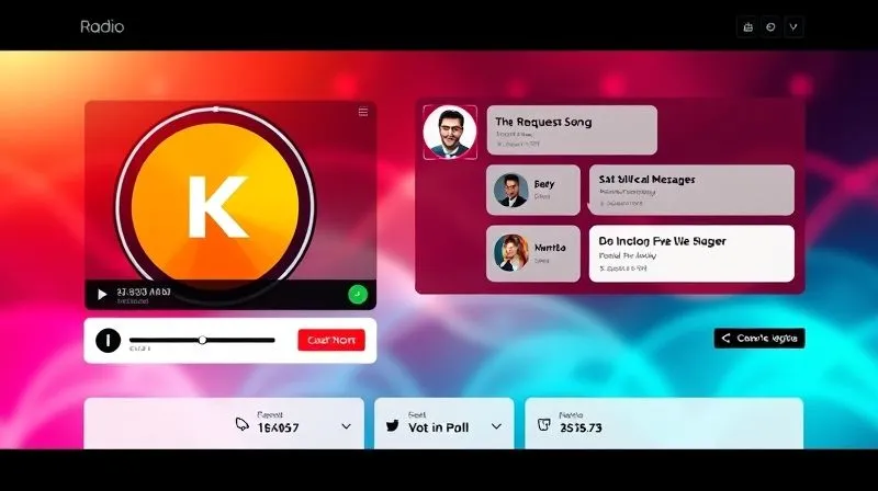 Photorealistic, professional photography, 8K, cinematic lighting, sharp focus, depth of field, shot on a high-end DSLR. A vibrant, modern website interface featuring a prominent, well-designed radio player. Adjacent to the player, there's a lively live chat widget with user avatars and real-time messages scrolling. Below the player, interactive elements like a "Request Song" button and a "Vote in Poll" section are clearly visible. Social media share icons are strategically placed. The overall impression is dynamic and engaging, encouraging user participation. The background is a subtly blurred studio environment.