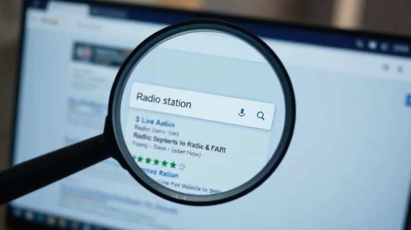 Photorealistic, professional photography, 8K, cinematic lighting, sharp focus, depth of field, shot on a high-end DSLR. A stylized search engine results page (SERP) on a computer monitor. The top result is a prominent listing for a radio station, featuring rich snippets for "Live Audio" and "Listen Now," along with a star rating and a brief description. The other search results are blurred in the background. A magnifying glass hovers over the radio station's listing, symbolizing discovery and optimal SEO. The lighting is bright and focused on the screen.