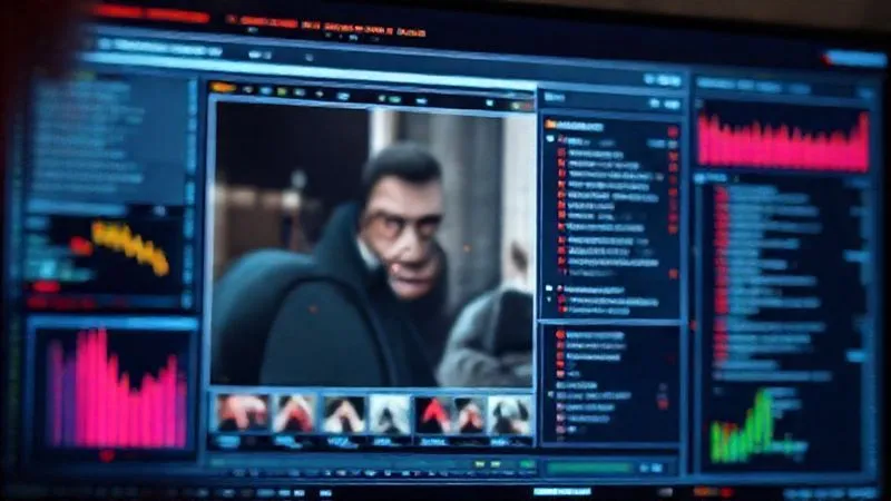 A photorealistic, professional photography, 8K, cinematic lighting, sharp focus, depth of field, shot on a high-end DSLR, of a digital interface displaying a suspicious image being analyzed by AI. Overlays show heatmaps of manipulated areas, metadata analysis, and reverse image search results, all pointing to inconsistencies. The screen is vibrant with data, reflecting a journalist's intense scrutiny.