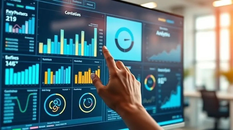 A photorealistic, professional photography, 8K, cinematic lighting, sharp focus, depth of field, shot on a high-end DSLR, depicting a modern, sleek data analytics dashboard on a large monitor, showing various charts, graphs, and KPIs related to content performance. A user's hand is interacting with a touch screen, highlighting key metrics. The background is a blurred, modern office environment.