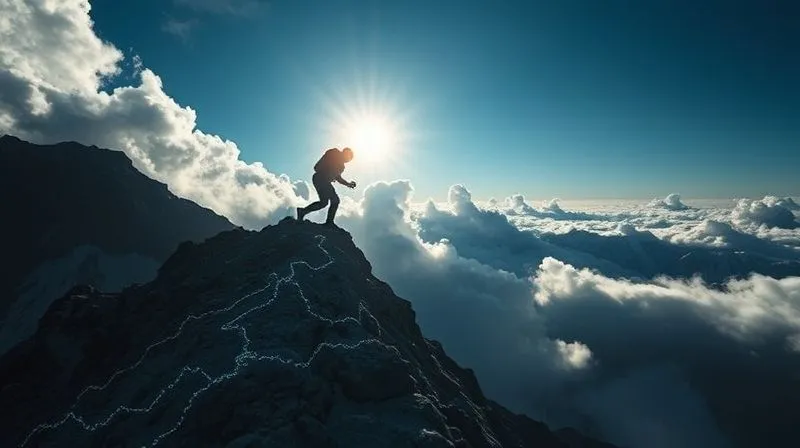 A photorealistic, professional photography, 8K, cinematic lighting, sharp focus, depth of field, shot on a high-end DSLR, showing a person climbing a steep, challenging mountain path made of data points and graphs, symbolizing the effort in overcoming data measurement challenges. The sun is breaking through clouds at the summit, representing success and clarity.
