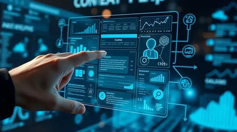 A photorealistic, professional photography, 8K, cinematic lighting, sharp focus, depth of field, shot on a high-end DSLR, showing a futuristic holographic interface displaying complex data visualizations and AI algorithms, with content pieces (text, video icons) being dynamically optimized and personalized in real-time. A human hand gestures towards the holographic display, indicating strategic direction.