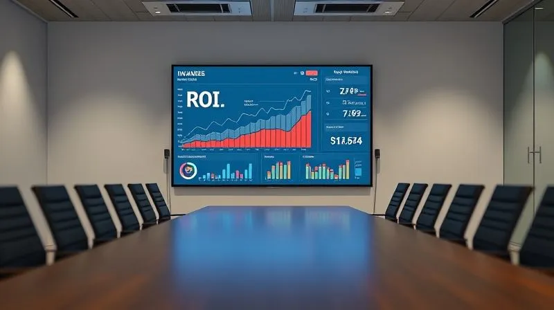 A photorealistic image of a minimalist, modern boardroom with a large, glowing screen displaying a complex but clear financial dashboard with upward-trending graphs, representing ROI and revenue growth. Cinematic lighting, sharp focus on the screen, depth of field blurring the empty chairs, 8K hyper-detailed, professional photography, shot on a high-end DSLR.