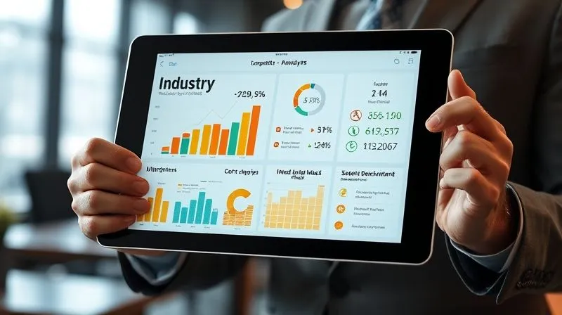 A photorealistic image of a professional displaying a tablet with a detailed, visually appealing infographic showing industry benchmarks and competitor analysis, with clear data points and comparison charts. Cinematic lighting, sharp focus on the tablet screen, depth of field blurring a modern office background, 8K hyper-detailed, professional photography, shot on a high-end DSLR.