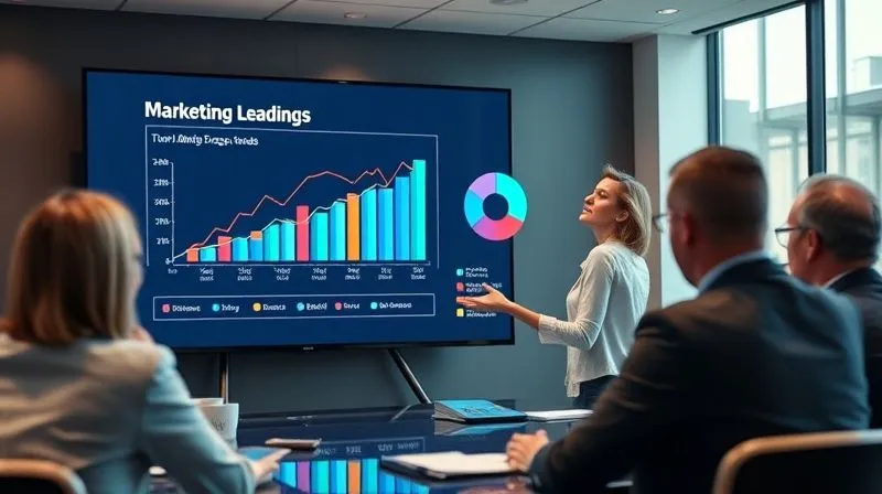 A photorealistic image of a female marketing leader confidently presenting a dynamic, visually rich slide deck on a large screen in a modern, well-lit conference room. The slide shows clear, impactful data visualizations (e.g., a line graph showing exponential growth, a pie chart of market share increase). Her posture is open, engaging the attentive board members. Cinematic lighting, sharp focus on the presenter and the screen, depth of field blurring the background, 8K hyper-detailed, professional photography, shot on a high-end DSLR.