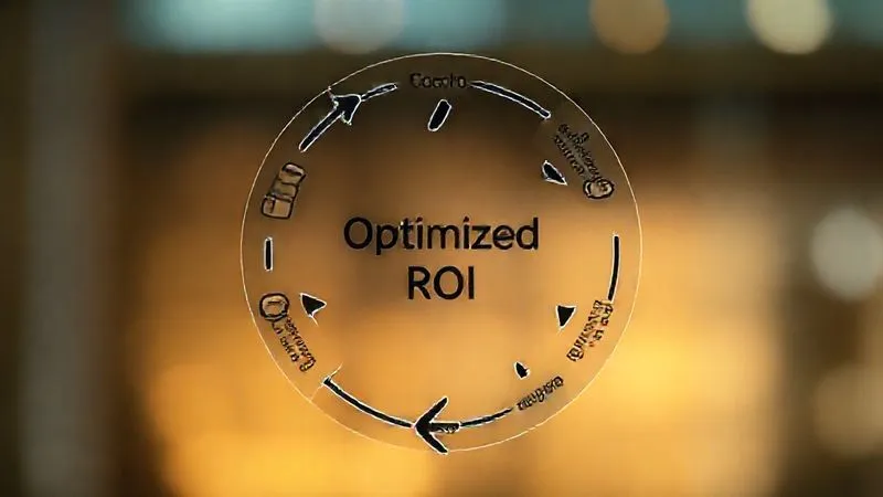 A photorealistic, professional photography, 8K, cinematic lighting, sharp focus, depth of field, shot on a high-end DSLR of a circular diagram illustrating a continuous improvement cycle (Plan, Do, Check, Act) with icons representing data analysis, A/B testing, strategy adjustment, and performance monitoring. The central point should be 'Optimized ROI'. The visual should be dynamic and forward-looking.