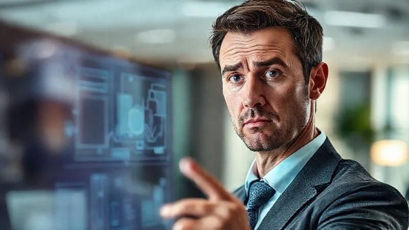 A photorealistic, professional photography, 8K, cinematic lighting, sharp focus, depth of field, shot on a high-end DSLR, depicting a business person with a questioning, slightly worried expression, looking at a abstract, modern design concept on a digital screen. The background is a blurred office environment, highlighting the individual's focus on the design.