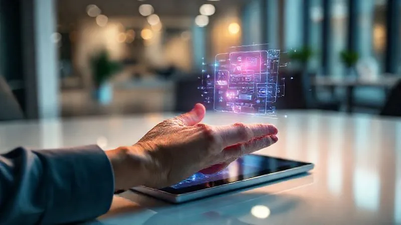 A photorealistic, professional photography, 8K, cinematic lighting, sharp focus, depth of field, shot on a high-end DSLR, depicting a hand interacting with a holographic, vibrant prototype of a mobile application interface floating above a tablet. The background is a modern, clean workspace, with subtle cinematic lighting highlighting the futuristic interface.