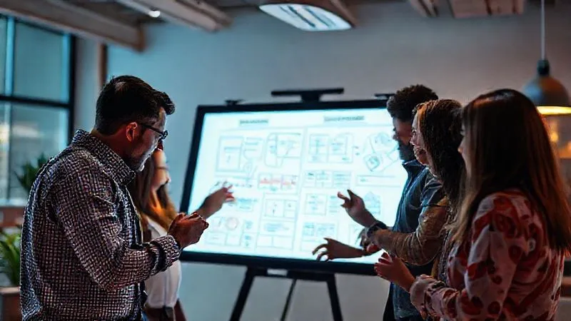 A photorealistic, professional photography, 8K, cinematic lighting, sharp focus, depth of field, shot on a high-end DSLR, depicting a diverse team of designers and business leaders collaborating around a large, interactive digital whiteboard, sketching out new design concepts and business strategies. The atmosphere is energetic and collaborative, with cinematic lighting highlighting their focused expressions.