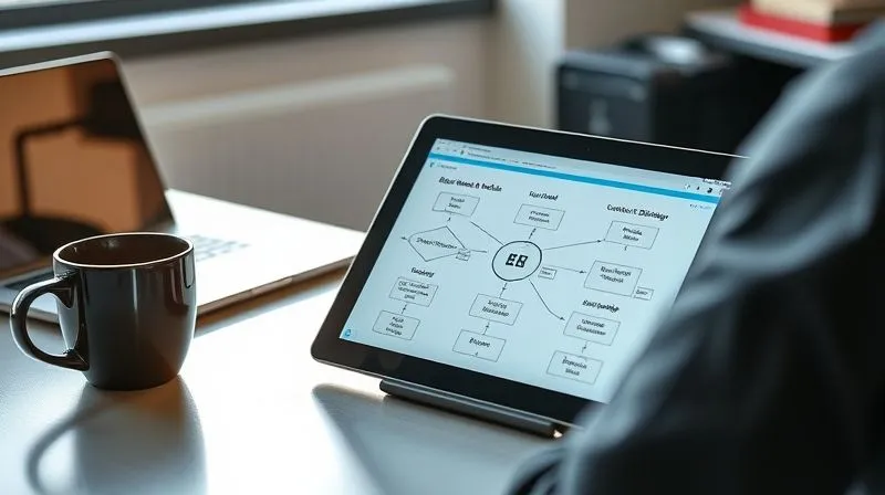 A photorealistic image of a person sitting at a desk, looking at a flowchart on a tablet, outlining different business models and content strategies for an online radio station. The scene is bright and modern, with a coffee cup and a laptop nearby, cinematic lighting, sharp focus on the tablet screen, depth of field blurring the background, 8K hyper-detailed, professional photography, shot on a high-end DSLR.