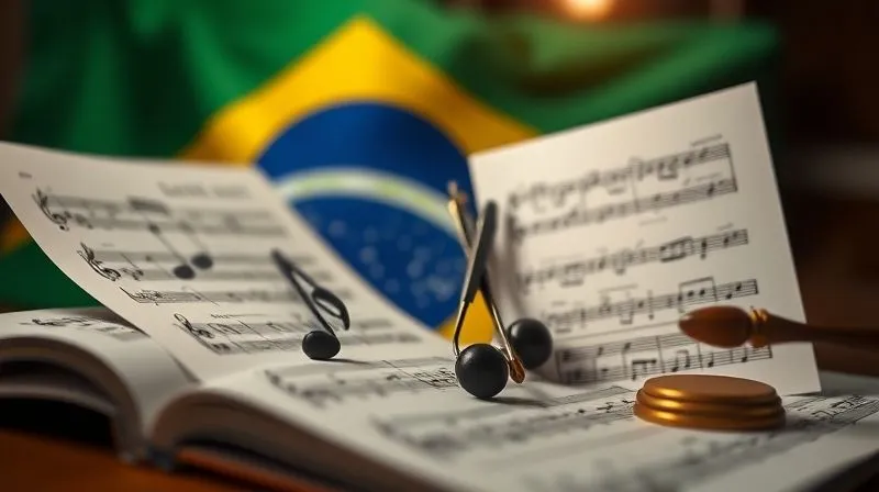 A photorealistic image depicting musical notes transforming into legal documents, with a Brazilian flag subtly integrated into the background, symbolizing the intersection of art and law. The image uses cinematic lighting, sharp focus on the central elements, depth of field blurring the studio background. 8K hyper-detailed, professional photography, shot on a high-end DSLR.