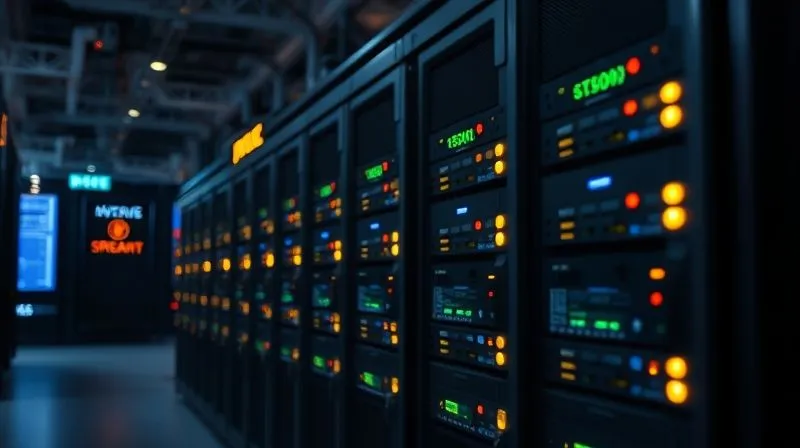 A photorealistic image of a professional server rack with glowing indicator lights, symbolizing robust streaming infrastructure, surrounded by subtle sound waves in a data center environment. Cinematic lighting highlights the technology, sharp focus on the servers, depth of field blurring the background, 8K hyper-detailed, professional photography, shot on a high-end DSLR.