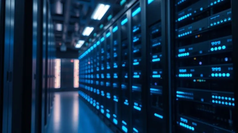 A photorealistic, professional photography of a complex server rack with glowing blue lights, symbolizing robust digital infrastructure, sharp focus, cinematic lighting, depth of field, 8K hyper-detailed.