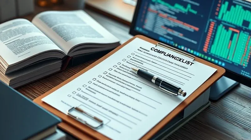 A photorealistic image of a detailed compliance checklist on a clipboard, with a pen resting on it, surrounded by legal books and a computer screen showing data, sharp focus, cinematic lighting, 8K hyper-detailed.