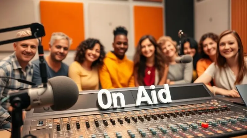 A photorealistic image of a radio studio mixing board, with a clear 'On Air' sign, and diverse, smiling people in the background, symbolizing ethical and inclusive content creation, sharp focus, cinematic lighting, 8K hyper-detailed.