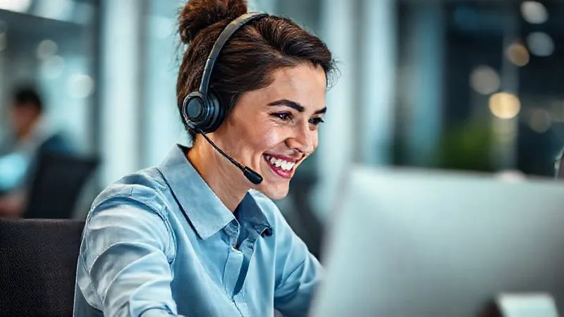 A photorealistic, professional photography image of a customer support agent with a headset, smiling empathetically while looking at a computer screen, with a blurred background of a modern call center. Cinematic lighting, sharp focus on the agent's face, depth of field, 8K hyper-detailed, shot on a high-end DSLR.