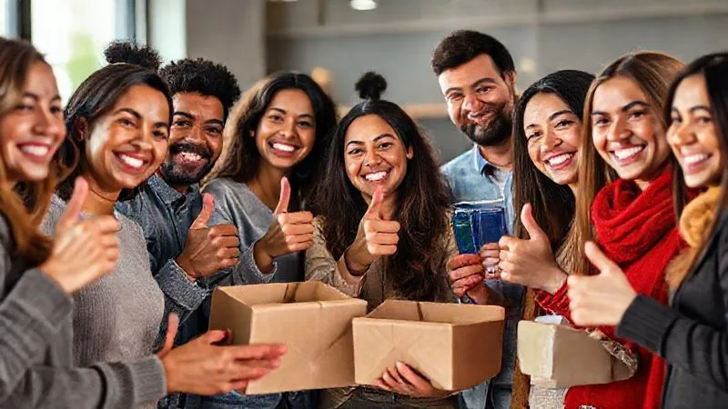 A photorealistic, professional photography image of a diverse group of happy customers interacting with their recently received dropshipping products, smiling and giving thumbs up. The scene is brightly lit, showcasing genuine satisfaction. Cinematic lighting, sharp focus on the products and faces, depth of field, 8K hyper-detailed, shot on a high-end DSLR.