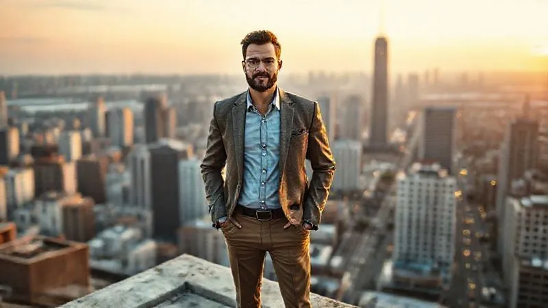 A photorealistic, professional photography image of a determined entrepreneur standing confidently on a rooftop overlooking a bustling cityscape at dawn, symbolizing resilience and foresight. Their expression is calm and focused. Cinematic lighting, sharp focus on the entrepreneur, depth of field, 8K hyper-detailed, shot on a high-end DSLR.
