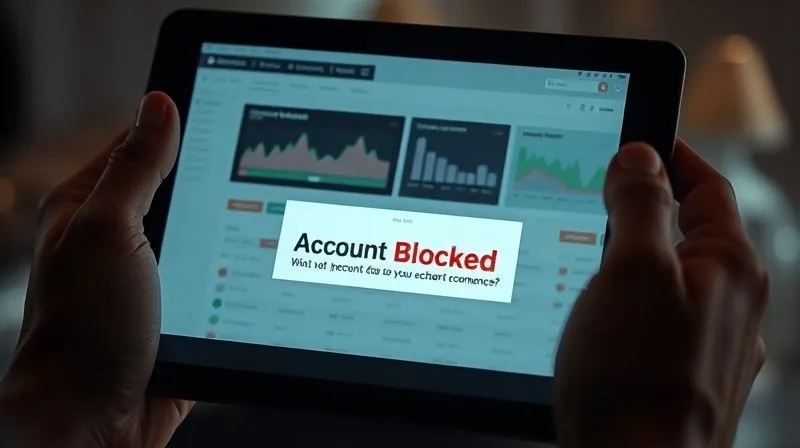 A photorealistic image of a digital 'Account Blocked' notification on a tablet screen, held by a hand showing signs of stress, while in the background, a blurred but active e-commerce dashboard is visible. Cinematic lighting, sharp focus on the notification, depth of field. 8K hyper-detailed, professional photography, shot on a high-end DSLR.