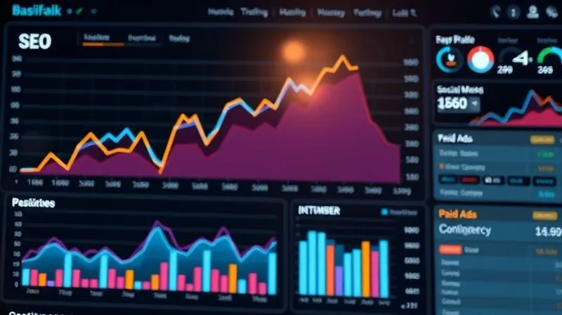 A photorealistic, professional photography, 8K image of a complex digital marketing dashboard showing multiple traffic sources: SEO graphs rising, social media icons, email marketing campaigns, and paid ads with some sections marked as 'contingency'. Cinematic lighting, sharp focus on the diverse data, depth of field. Shot on a high-end DSLR.
