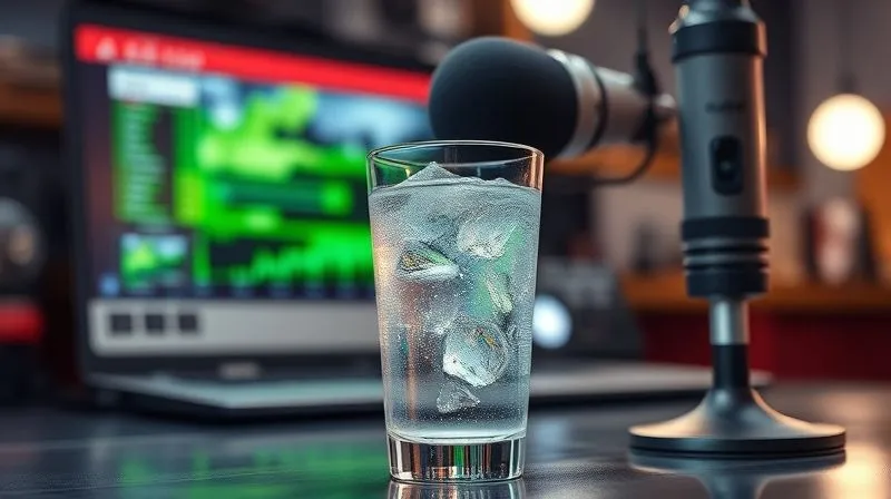 A photorealistic, professional photography, 8K, cinematic lighting, sharp focus on a glass of fresh water with condensation, placed next to a high-quality studio microphone, with a subtle glow around the glass, depth of field blurring a modern radio studio in the background. The scene evokes freshness and hydration, shot on a high-end DSLR.