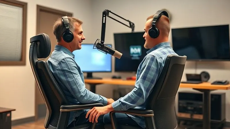 A photorealistic, professional photography, 8K, cinematic lighting, sharp focus on a radio host sitting upright in an ergonomic chair, speaking into a perfectly positioned studio microphone. The background shows a clean, modern web radio studio with monitors at eye level, depth of field blurring the distant equipment. The scene emphasizes good posture and studio ergonomics, shot on a high-end DSLR.