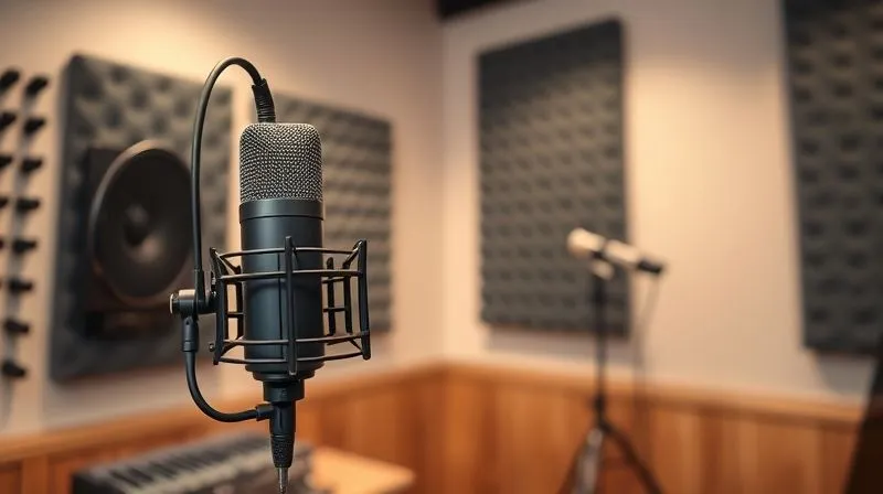 A photorealistic, professional photography, 8K, cinematic lighting, sharp focus on a high-quality studio microphone with a pop filter, surrounded by acoustic foam panels on the walls, in a cozy, professionally treated web radio studio. The scene emphasizes clear audio capture and an ideal broadcasting environment, depth of field blurring the background, shot on a high-end DSLR.