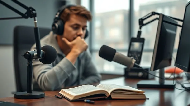 A photorealistic, professional photography, 8K, cinematic lighting, sharp focus on a thoughtful radio host, hand on chin, reflecting on their vocal performance, with a journal and pen on the desk next to the microphone. The scene conveys introspection and self-awareness in a web radio studio, depth of field blurring the background, shot on a high-end DSLR.