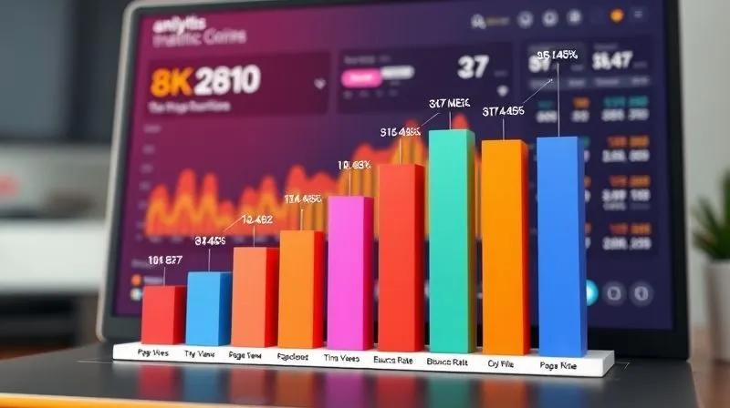 A photorealistic 3D bar chart showing website traffic sources and engagement metrics, with clear labels for 'page views', 'time on page', and 'bounce rate'. The chart is vibrant and easy to understand, set against a blurred background of a computer screen displaying analytics data. Cinematic lighting, sharp focus on the chart, 8K hyper-detailed.