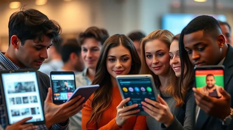 A photorealistic image of a diverse group of people (representing different audience segments) each looking at a personalized digital screen displaying tailored content. The screens show different products or articles, all relevant to their individual interests. Cinematic lighting, sharp focus on the individual screens, depth of field blurring the background, 8K hyper-detailed.