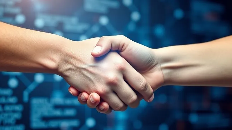 A photorealistic image of two hands shaking firmly over a glowing digital interface, symbolizing trust and partnership in the digital age. The background shows blurred data streams and network connections. Cinematic lighting, sharp focus on the hands, depth of field blurring the background, 8K hyper-detailed.