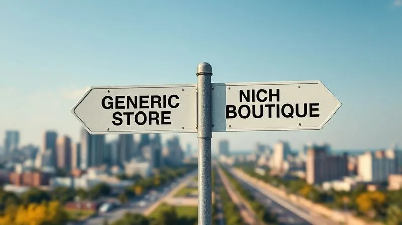 A photorealistic image of a split road sign in a digital landscape. One sign points to 'Generic Store' with a bustling, diverse cityscape, while the other points to 'Niche Boutique' with a serene, specialized environment, perhaps a cozy cafe or a fitness studio. Cinematic lighting, sharp focus on the signs, depth of field blurring the background, 8K hyper-detailed, professional photography, shot on a high-end DSLR, symbolizing a clear strategic choice.