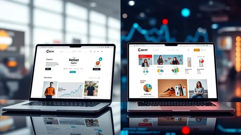 A photorealistic image of a sleek, modern e-commerce website interface, with elements representing branding: a unique logo subtly integrated, a consistent color palette, and engaging product photography. On one side, a minimalist design for a niche store, on the other, a vibrant, diverse layout for a generic store, both exuding professionalism and trustworthiness. Cinematic lighting, sharp focus on the website details, depth of field blurring a background of digital analytics, 8K hyper-detailed, professional photography, shot on a high-end DSLR.