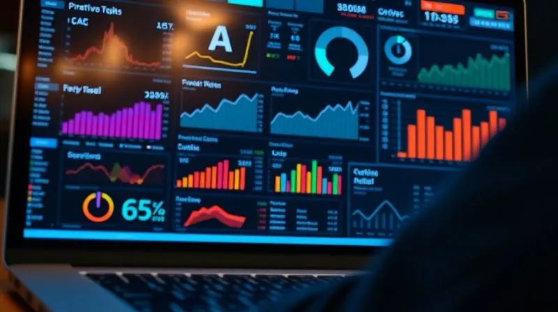 A photorealistic image of a complex digital dashboard displaying various financial metrics: revenue, profit margins, CAC, LTV, and conversion rates, all presented with clear, sharp data visualizations. The screen is glowing with cinematic lighting, reflecting in the eyes of a focused, professional entrepreneur. Depth of field blurs a laptop keyboard in the foreground, 8K hyper-detailed, professional photography, shot on a high-end DSLR, symbolizing data-driven decision-making in e-commerce.