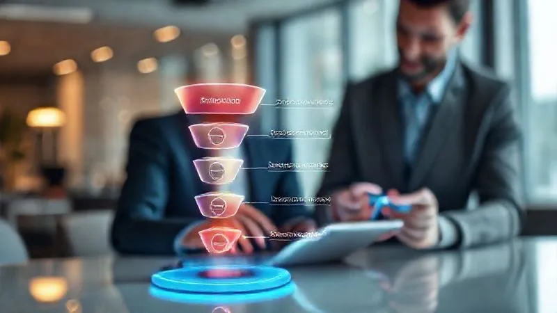 A photorealistic image of a sleek, modern sales funnel diagram glowing with digital light, with different stages labeled 'Awareness', 'Consideration', 'Decision' represented by distinct colors. A professional salesperson is seen interacting with a client on a tablet in the foreground, demonstrating a software, with a blurred background of a modern office. Cinematic lighting, sharp focus on the interaction and funnel, depth of field. 8K hyper-detailed, shot on a high-end DSLR. Evokes strategic marketing and personalized sales.