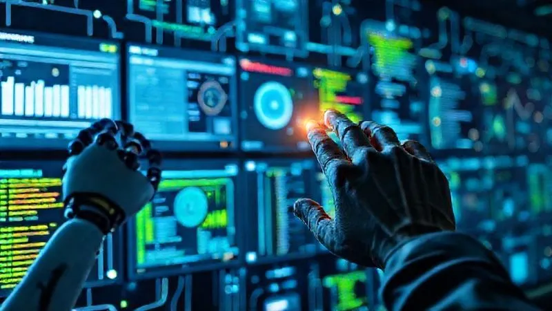 A photorealistic image depicting a futuristic, interconnected digital ecosystem. Robotic arms are subtly shown streamlining processes on multiple screens displaying dashboards and code, while a human hand oversees a master control panel. Glowing data streams connect different business functions like sales, marketing, and support. Cinematic lighting, sharp focus on the automation elements, depth of field. 8K hyper-detailed, shot on a high-end DSLR. Evokes efficiency, scalability, and technological advancement.