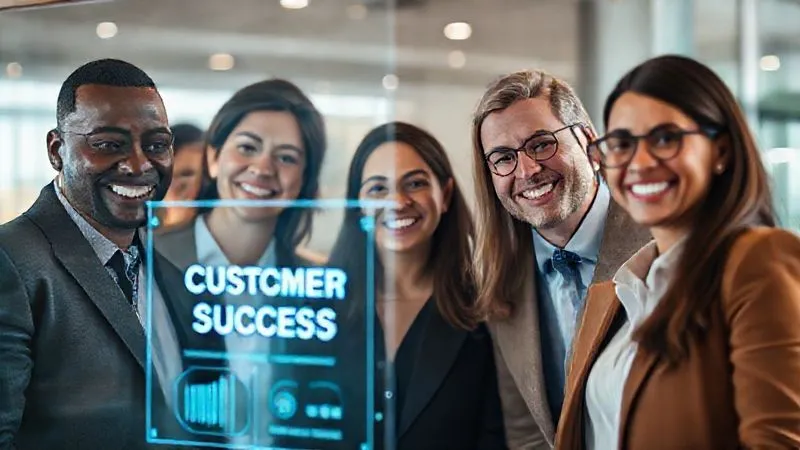 A photorealistic image of diverse business professionals from different backgrounds smiling and interacting positively around a holographic customer service interface that displays 'Customer Success' and loyalty metrics. Soft, warm cinematic lighting, sharp focus on the happy faces and the digital interface, depth of field. 8K hyper-detailed, shot on a high-end DSLR. Evokes strong customer relationships, trust, and loyalty.