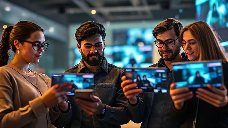 A photorealistic image of a diverse group of people, each representing a different tech persona (developer, gamer, entrepreneur, casual user), looking engaged with different screens showing tech news videos. The image should convey understanding and connection, with subtle data visualizations floating around them. Cinematic lighting, sharp focus, depth of field, 8K hyper-detailed, professional photography.